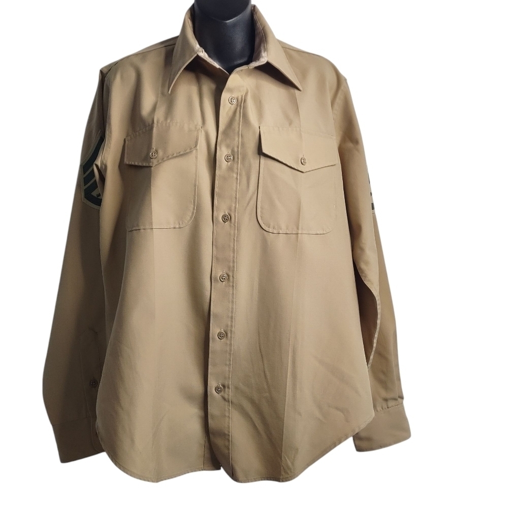 Vintage Men's US Marine Corp Shirt 70s Khaki USMC Button Down Shirt Sz 16-35